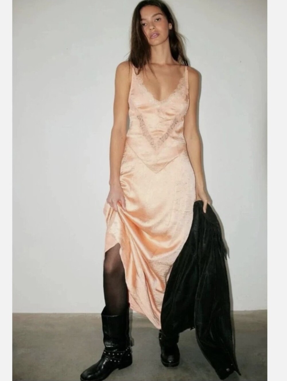 NWT Free People Maybe Forever Slip Maxi with Lace-Trim-Orange Bellini